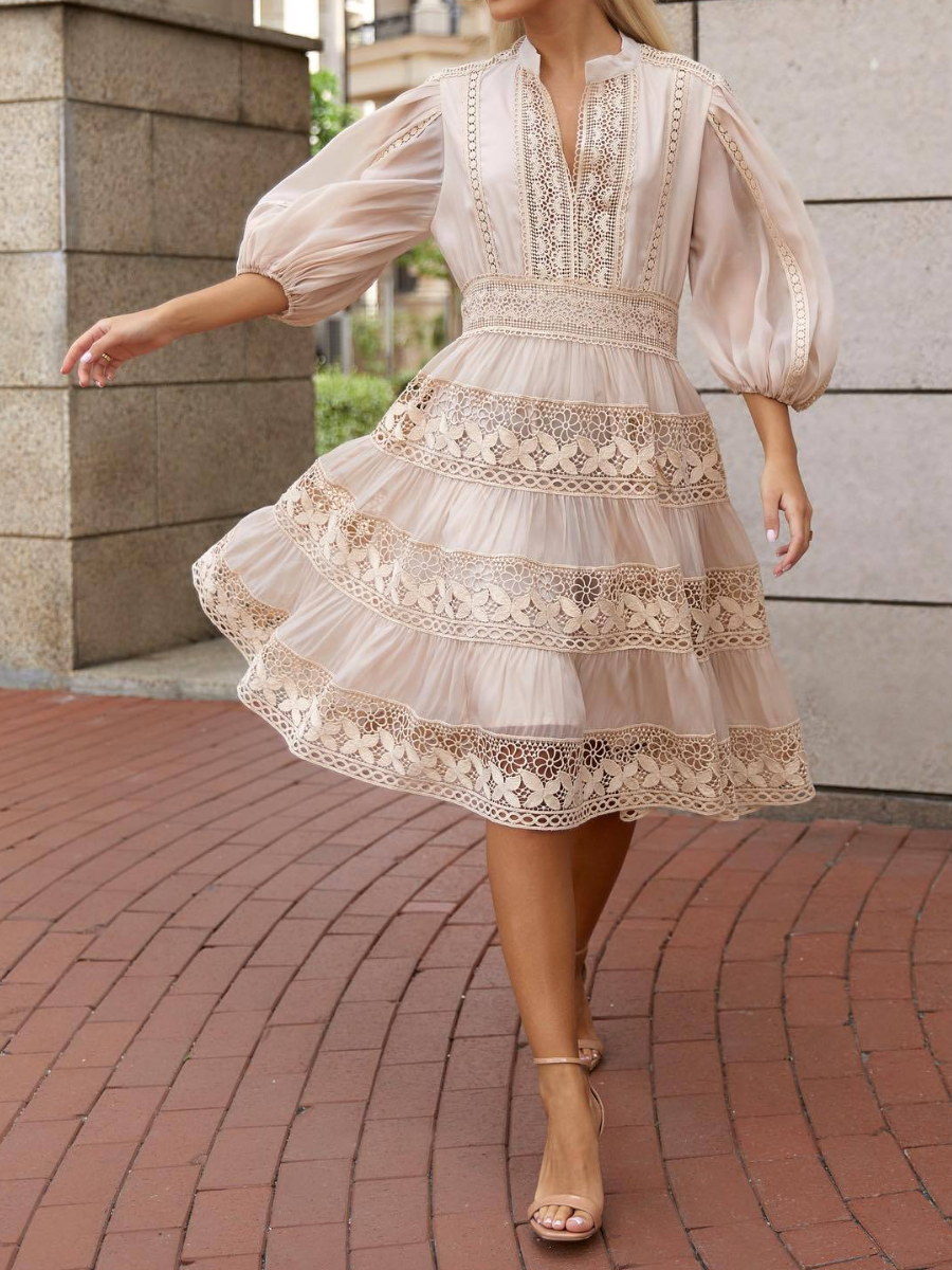 Elegant Lantern Sleeve Holiday Lace Dress