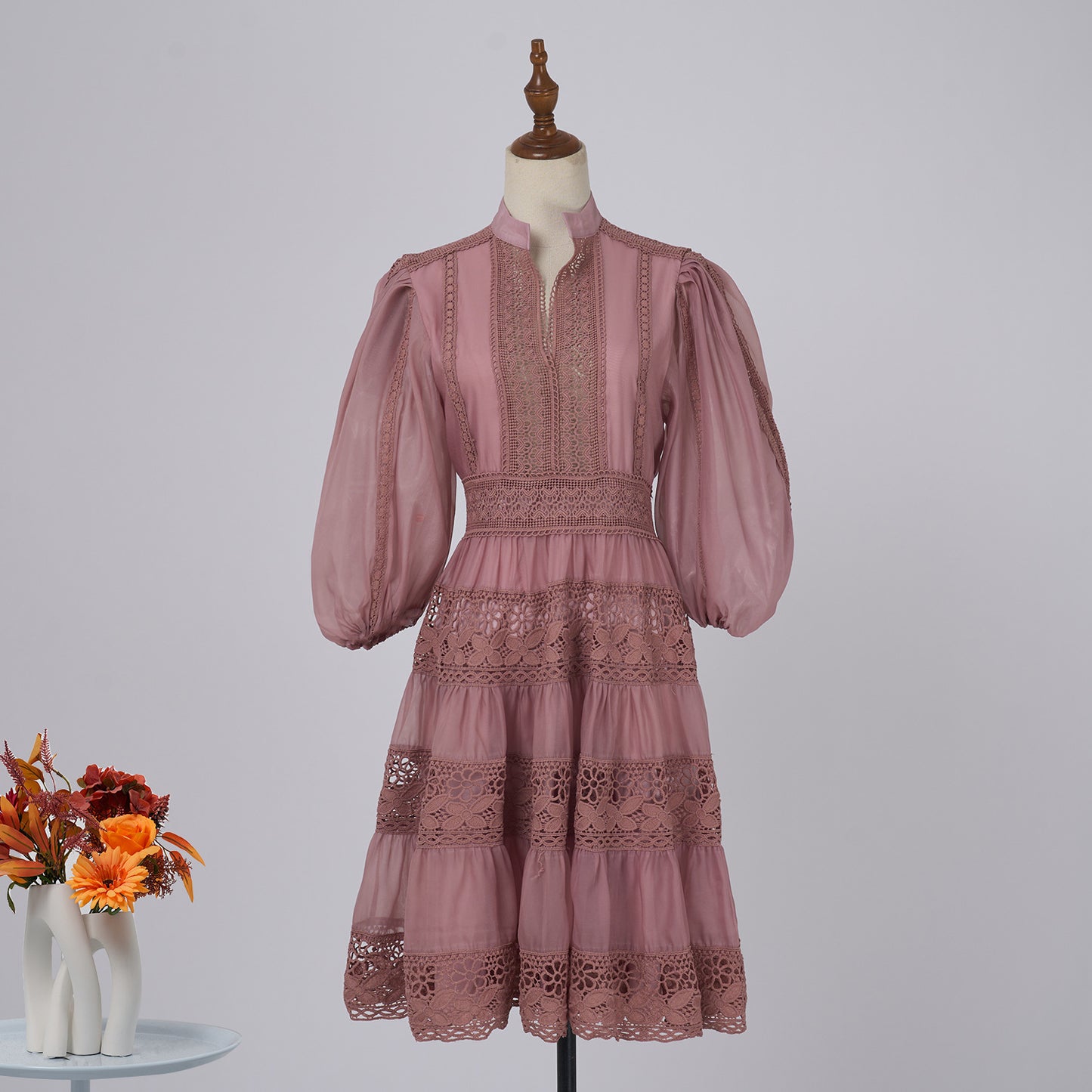 Elegant Lantern Sleeve Holiday Lace Dress