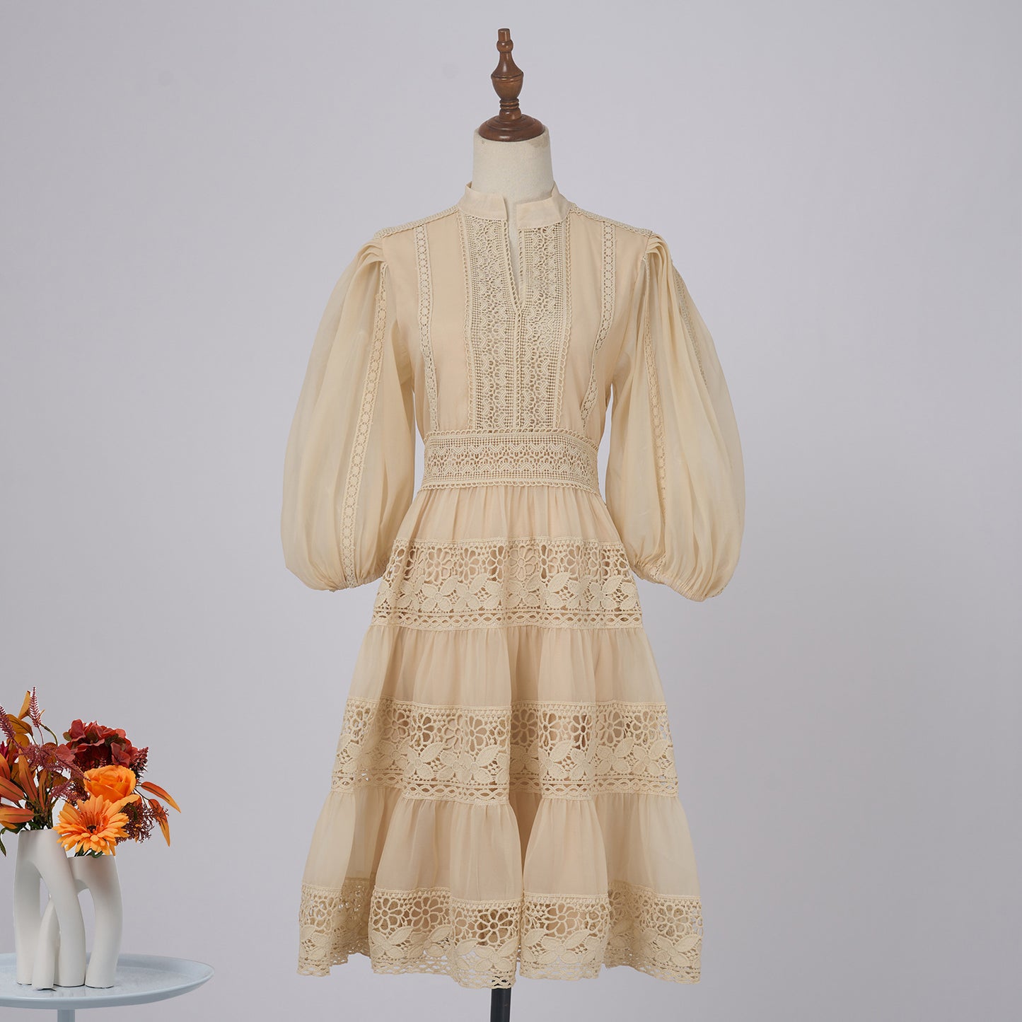 Elegant Lantern Sleeve Holiday Lace Dress