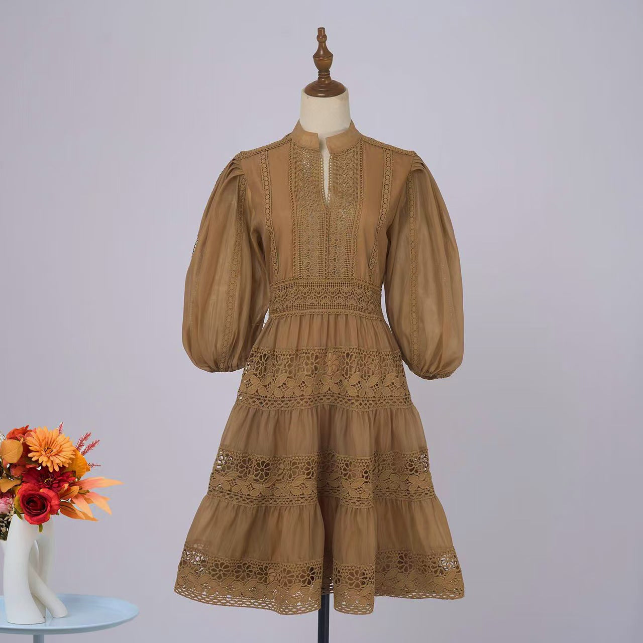 Elegant Lantern Sleeve Holiday Lace Dress