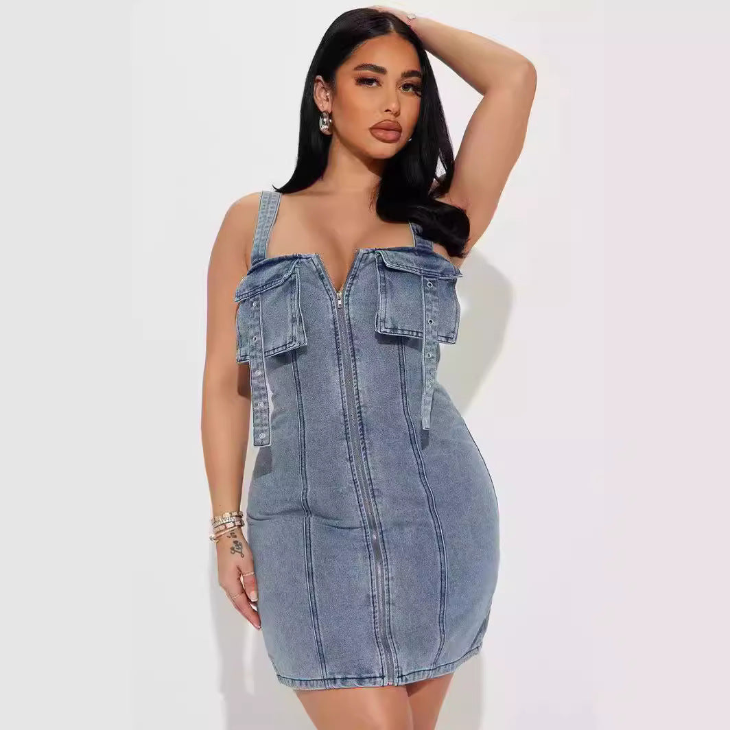 Stretch-denim patchwork dress