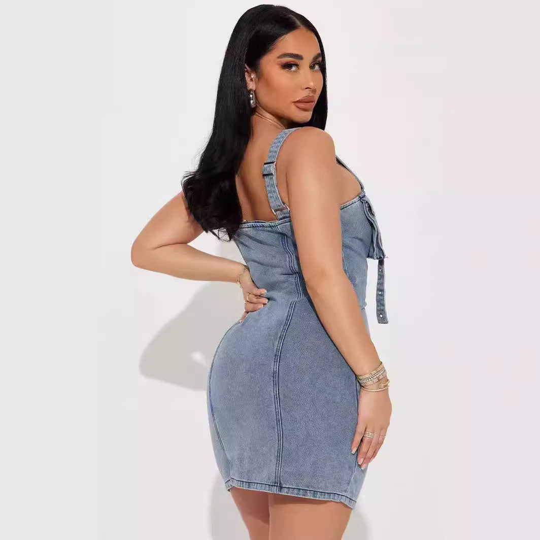 Stretch-denim patchwork dress