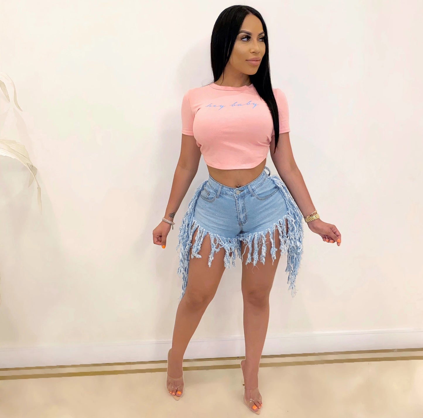Gender slim and versatile stretch denim tassel shorts