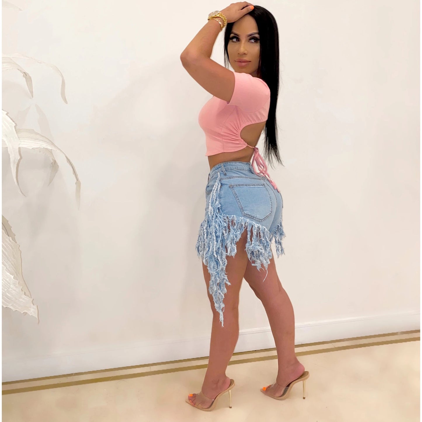 Gender slim and versatile stretch denim tassel shorts