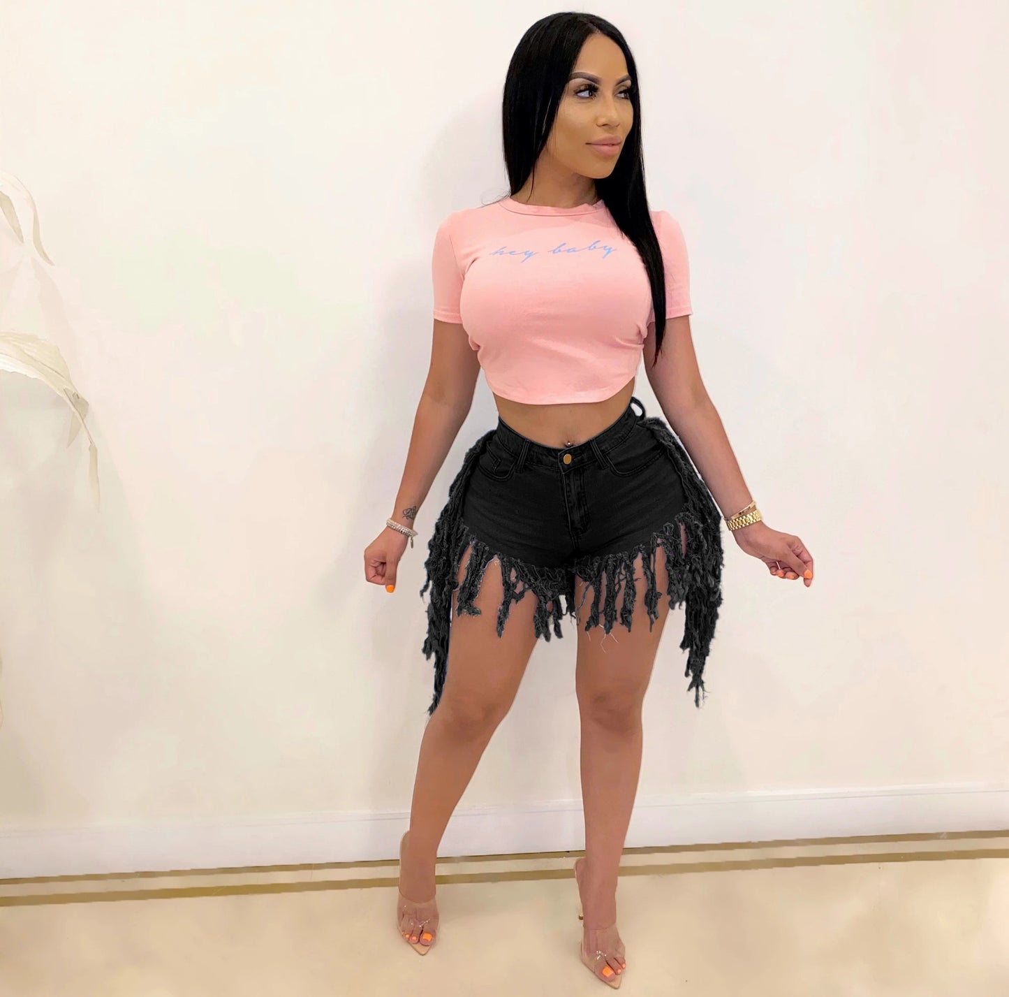 Gender slim and versatile stretch denim tassel shorts