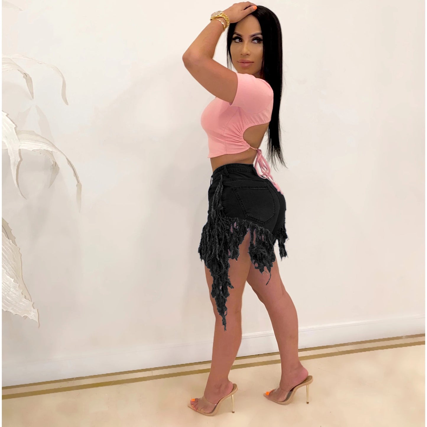 Gender slim and versatile stretch denim tassel shorts