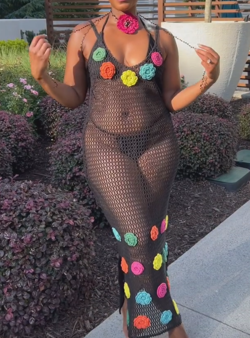Black Woven Colorful Floral Mesh Dress
