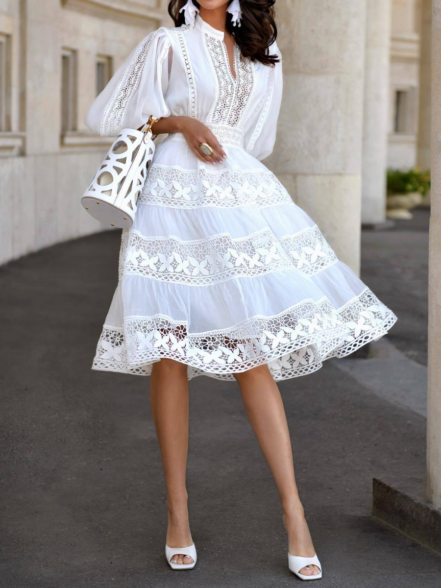 Elegant Lantern Sleeve Holiday Lace Dress
