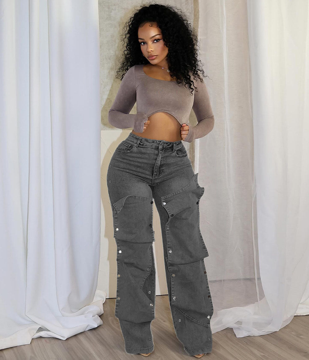 Stylish button-down denim trim loose denim trousers