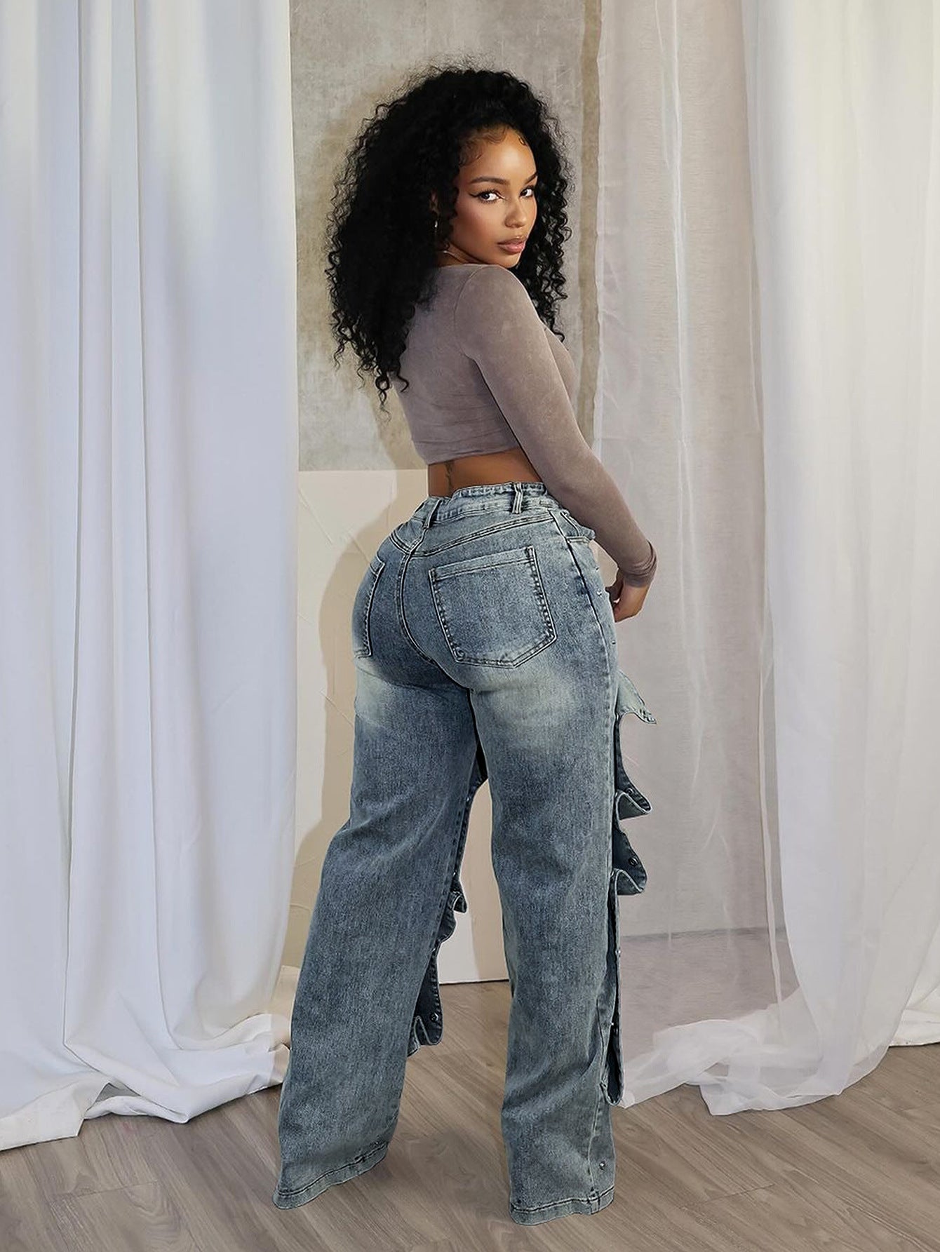 Stylish button-down denim trim loose denim trousers