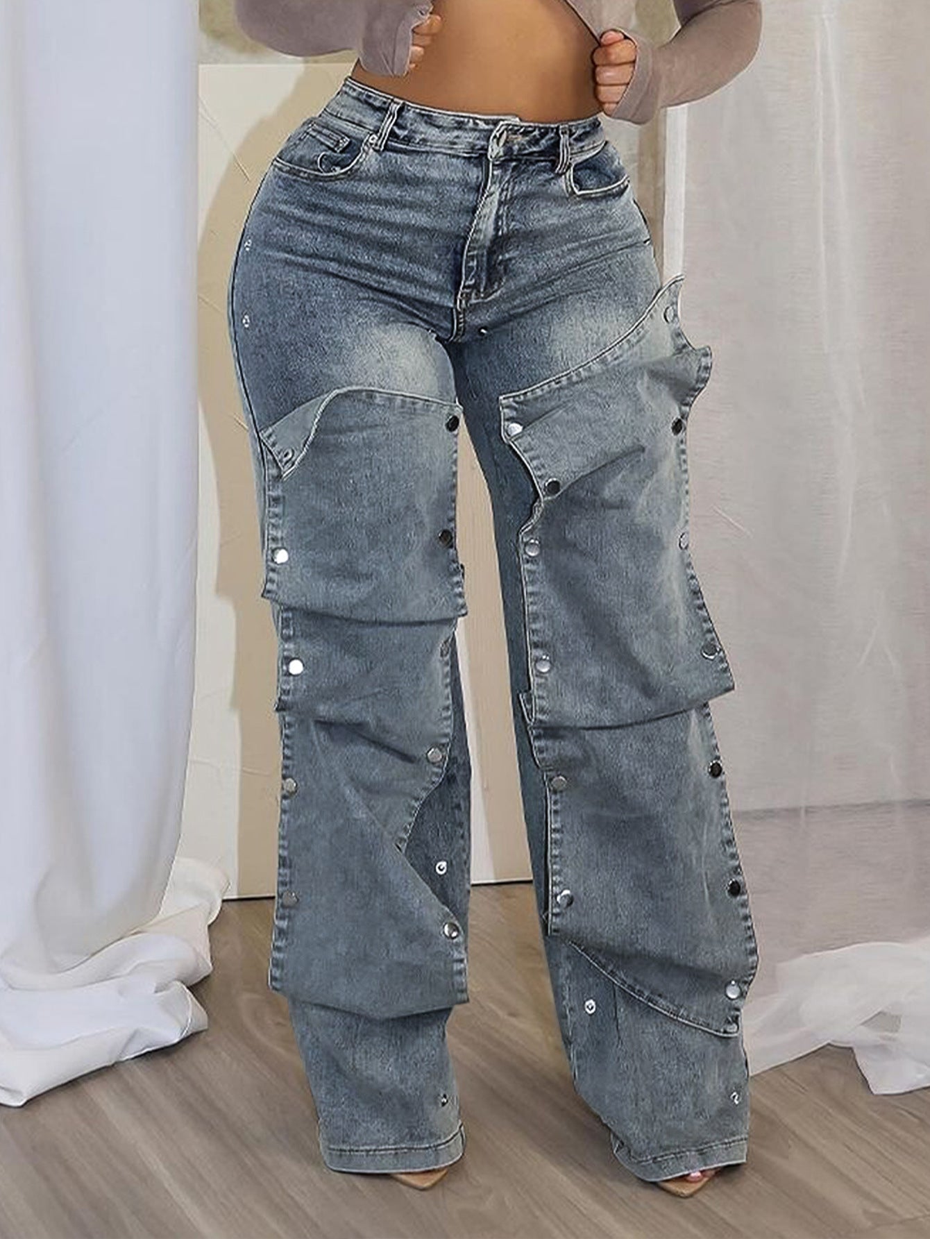 Stylish button-down denim trim loose denim trousers