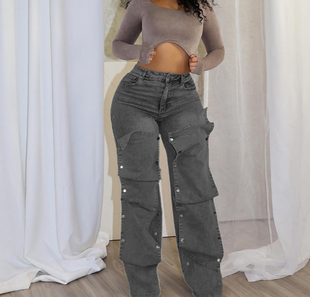 Stylish button-down denim trim loose denim trousers