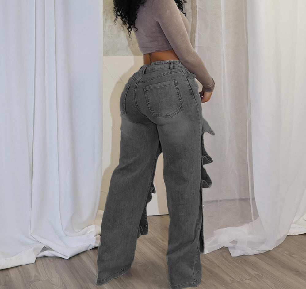 Stylish button-down denim trim loose denim trousers