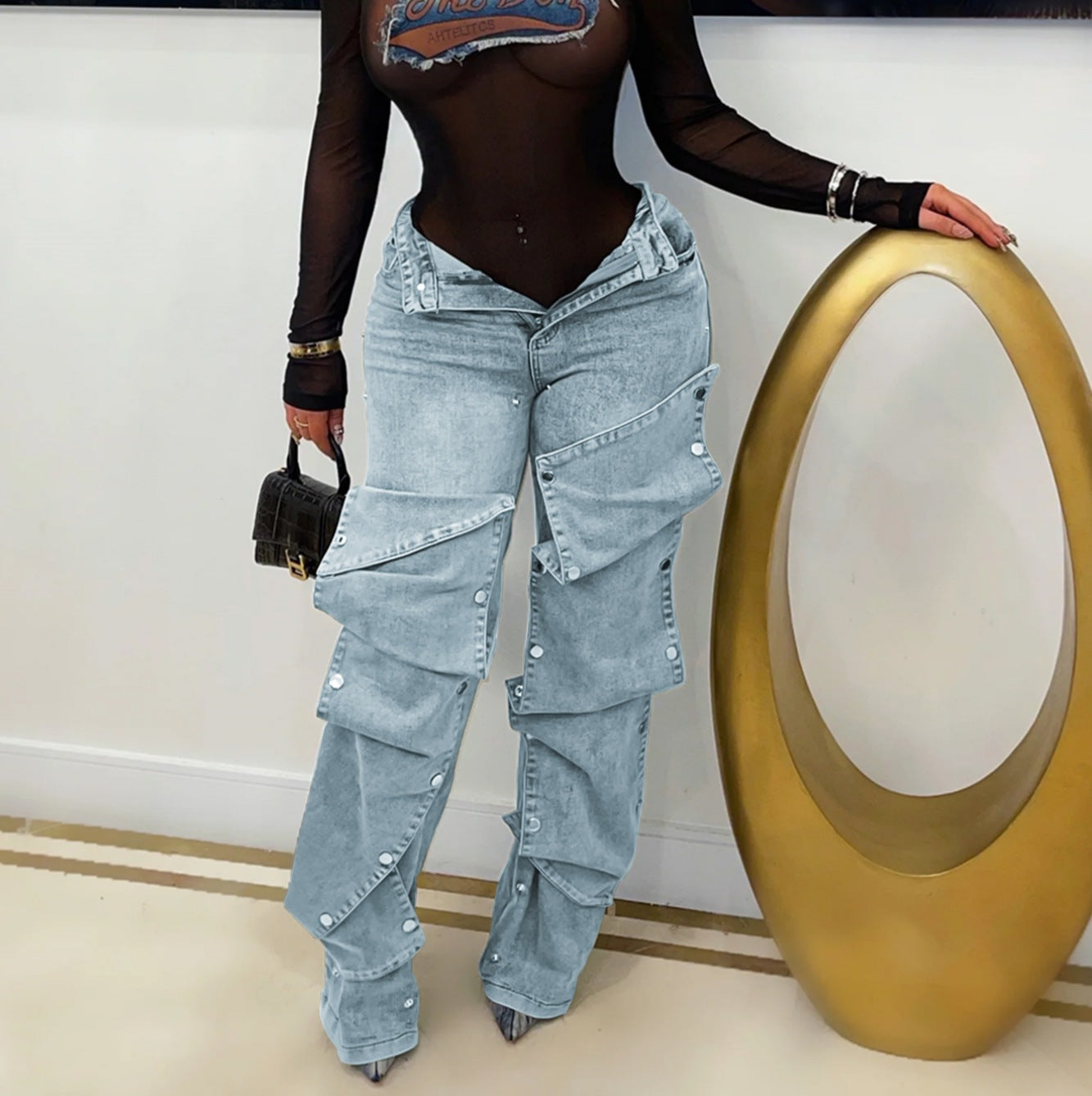 Stylish button-down denim trim loose denim trousers