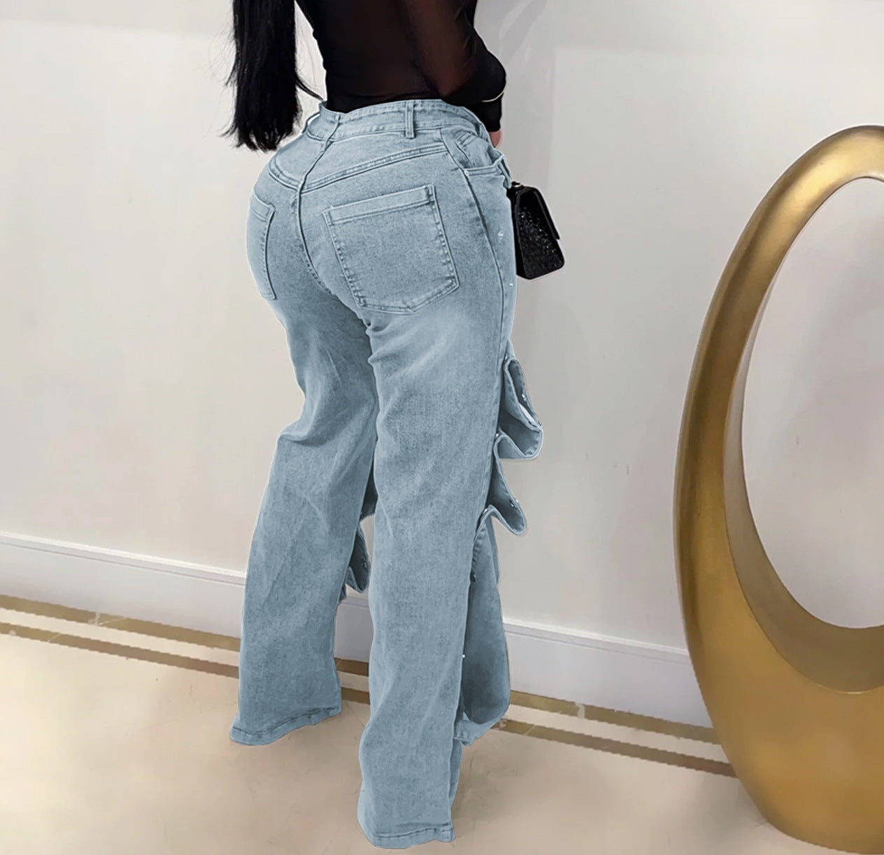 Stylish button-down denim trim loose denim trousers