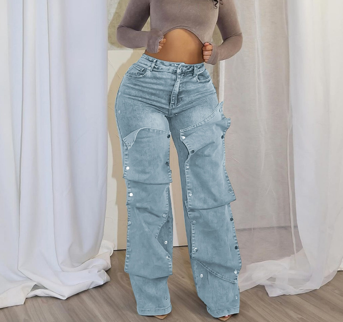 Stylish button-down denim trim loose denim trousers