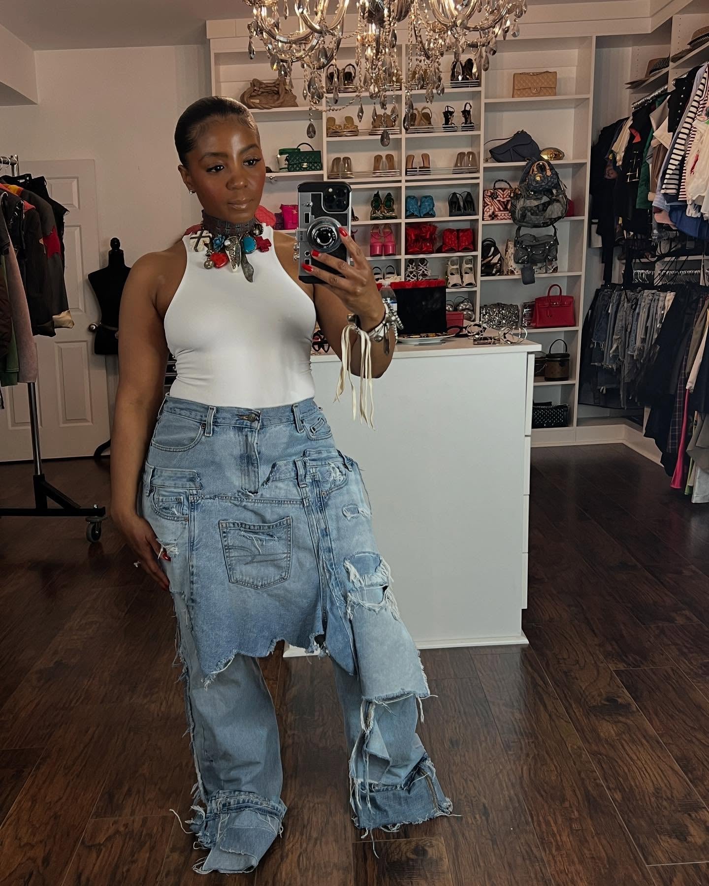 Denim patchwork casual trousers