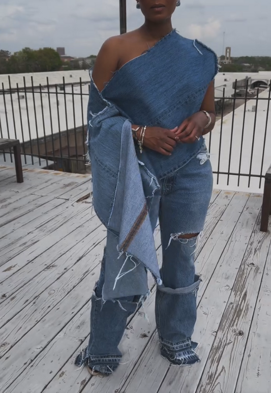 Denim patchwork suit