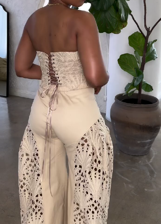Beige Hollow Breathable Two-piece Set