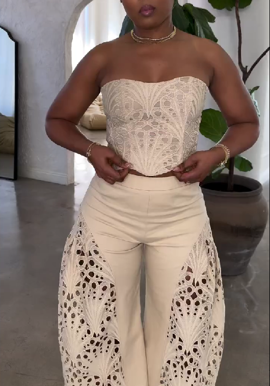 Beige Hollow Breathable Two-piece Set