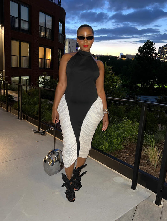 Black and white drawstring dress