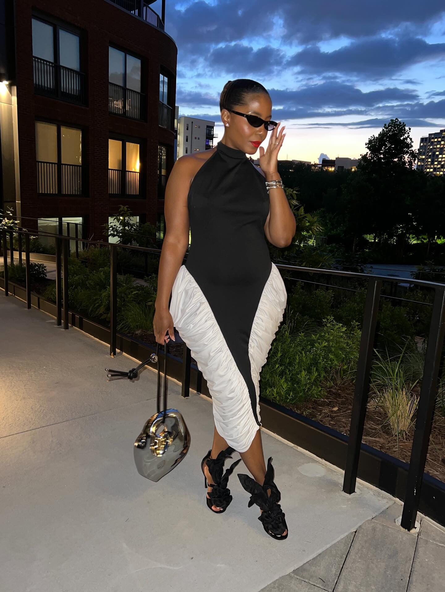 Black and white drawstring dress