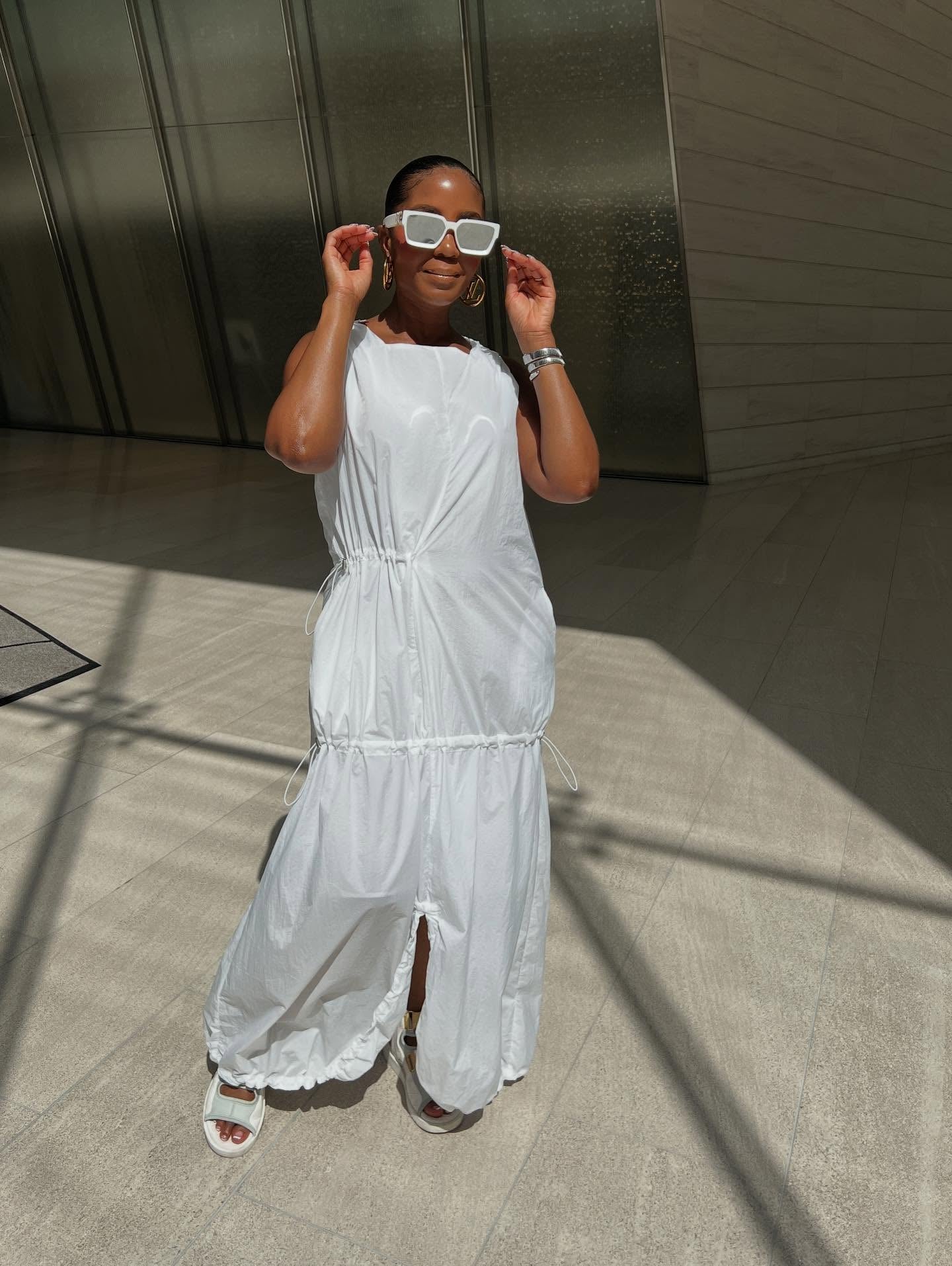 White Drawstring Cargo Pocket Jumpsuit