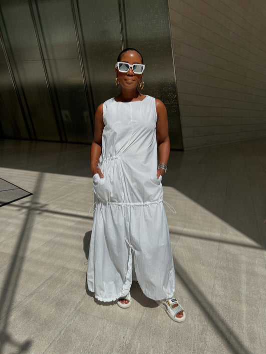 White Drawstring Cargo Pocket Jumpsuit