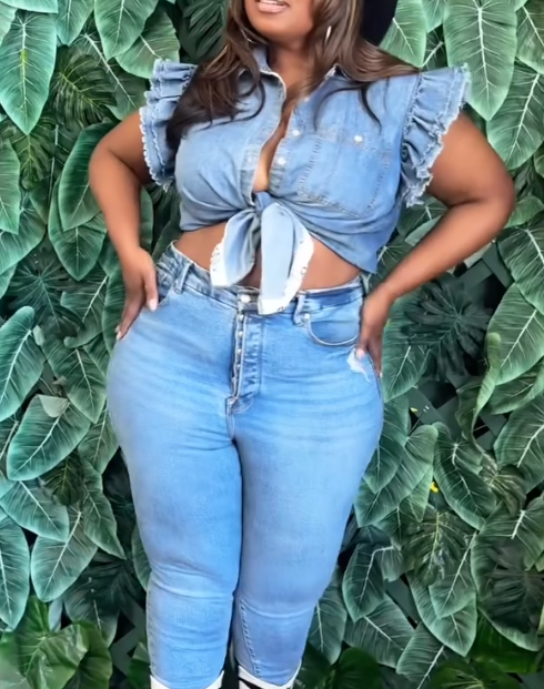 Denim lace-up top with airplane sleeves