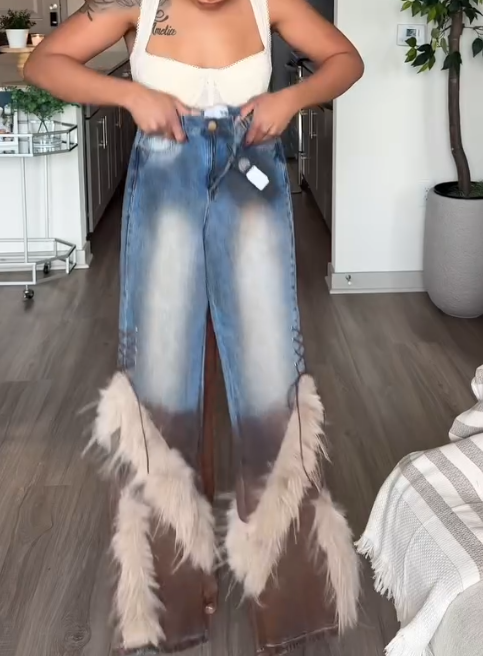 Fur panelled jeans