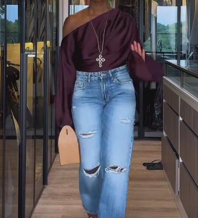 Burgundy silk loose off-shoulder top