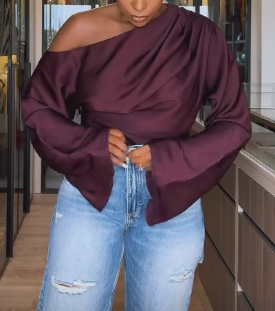 Burgundy silk loose off-shoulder top
