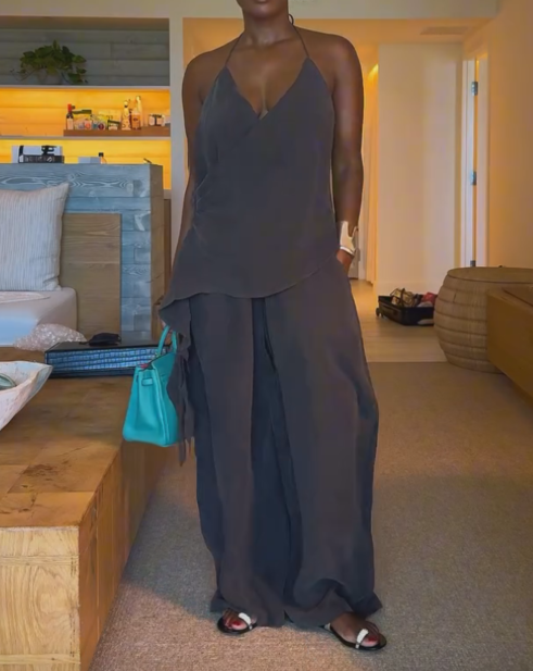 Pure grey pleated suspender two-piece suit
