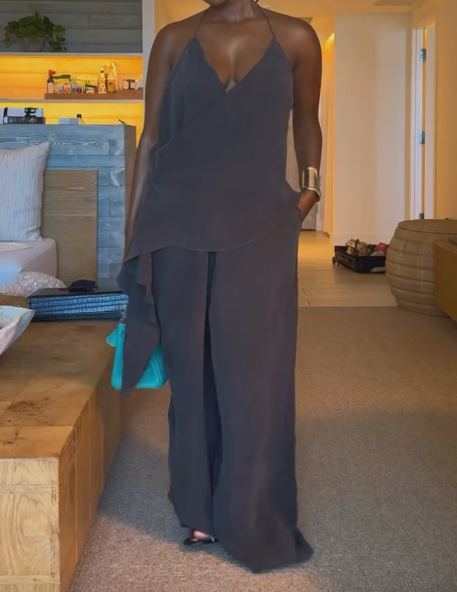 Pure grey pleated suspender two-piece suit