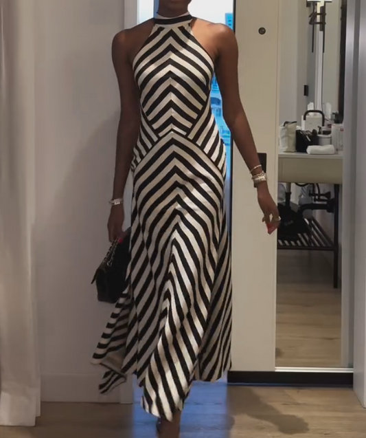 Black and white striped evening dress