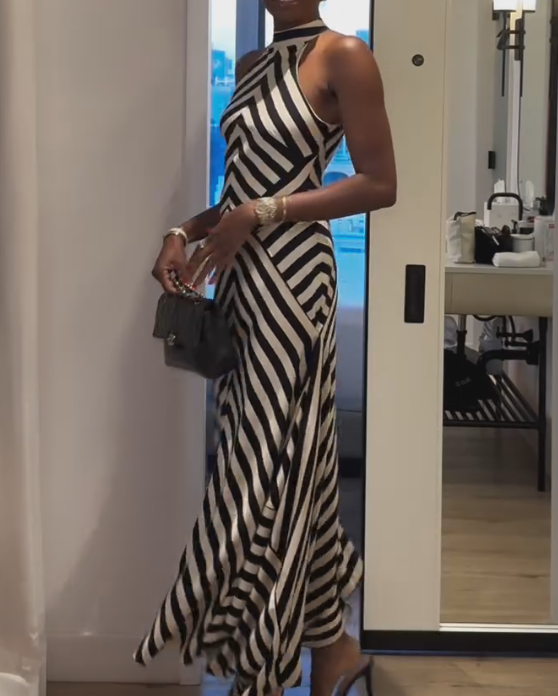 Black and white striped evening dress
