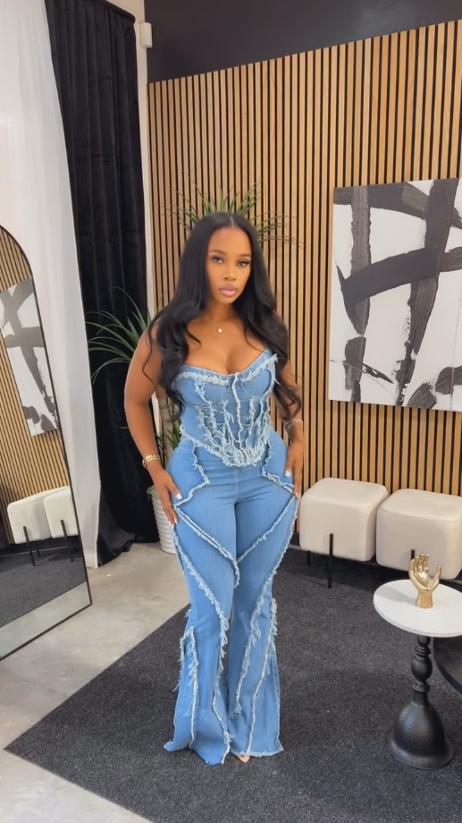 Denim patchwork casual tube top two-piece set