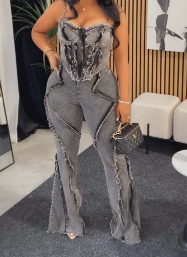 Denim patchwork casual tube top two-piece set
