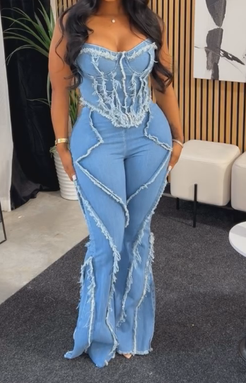 Denim patchwork casual tube top two-piece set