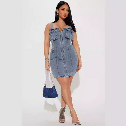 Stretch-denim patchwork dress