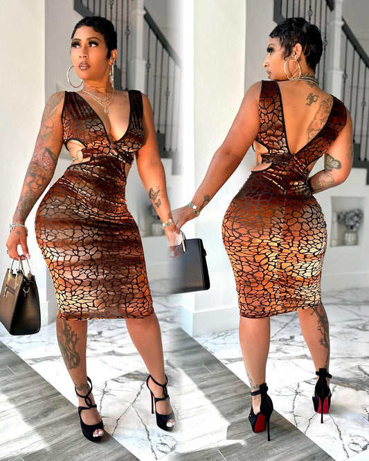 Vintage leopard print gradient brown dress