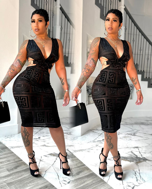 Retro Print Lace Black Dress