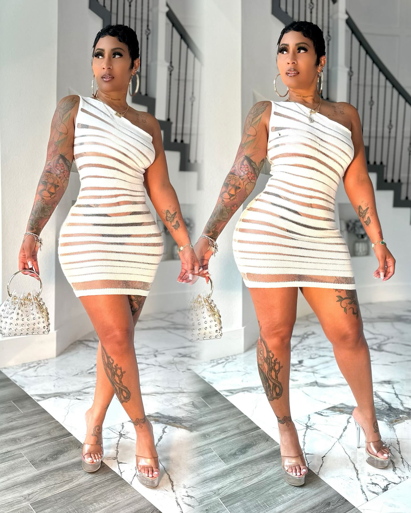 Striped Sheer Lace Bodycon Dress