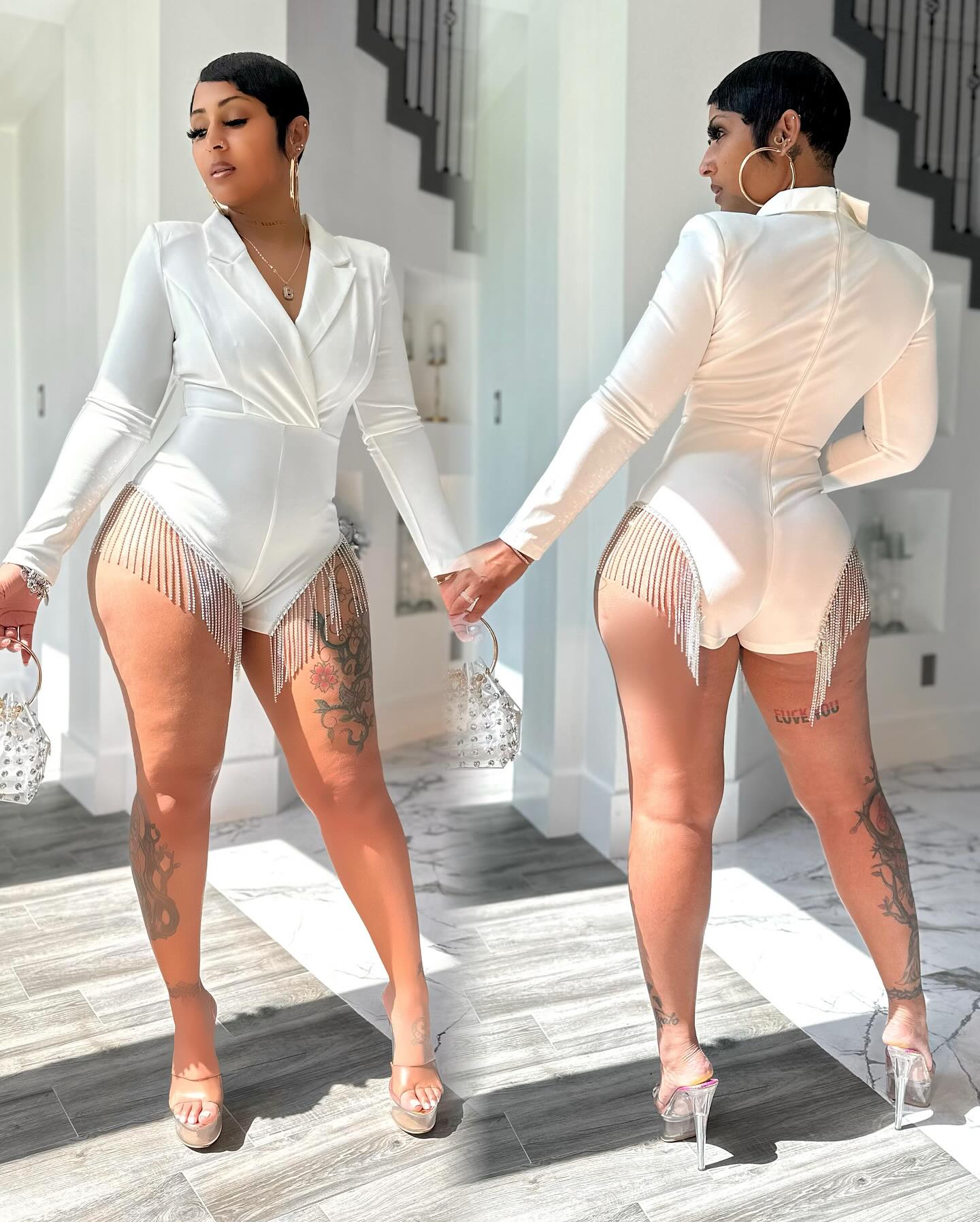 Tassel Diamond Sequin Shirt Jumpsuit