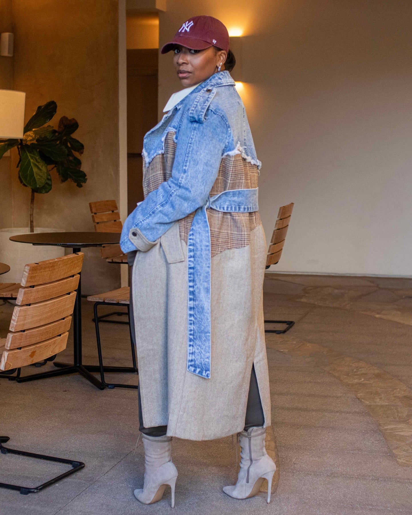 denim patchwork trench coat