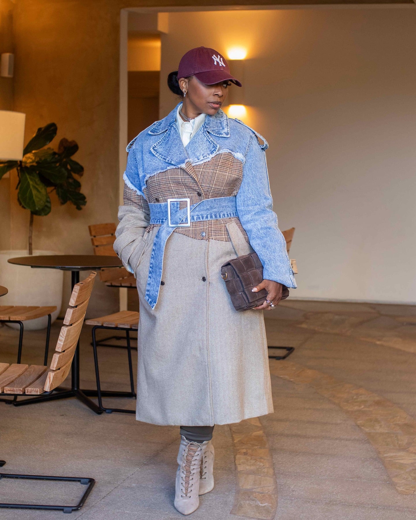 denim patchwork trench coat