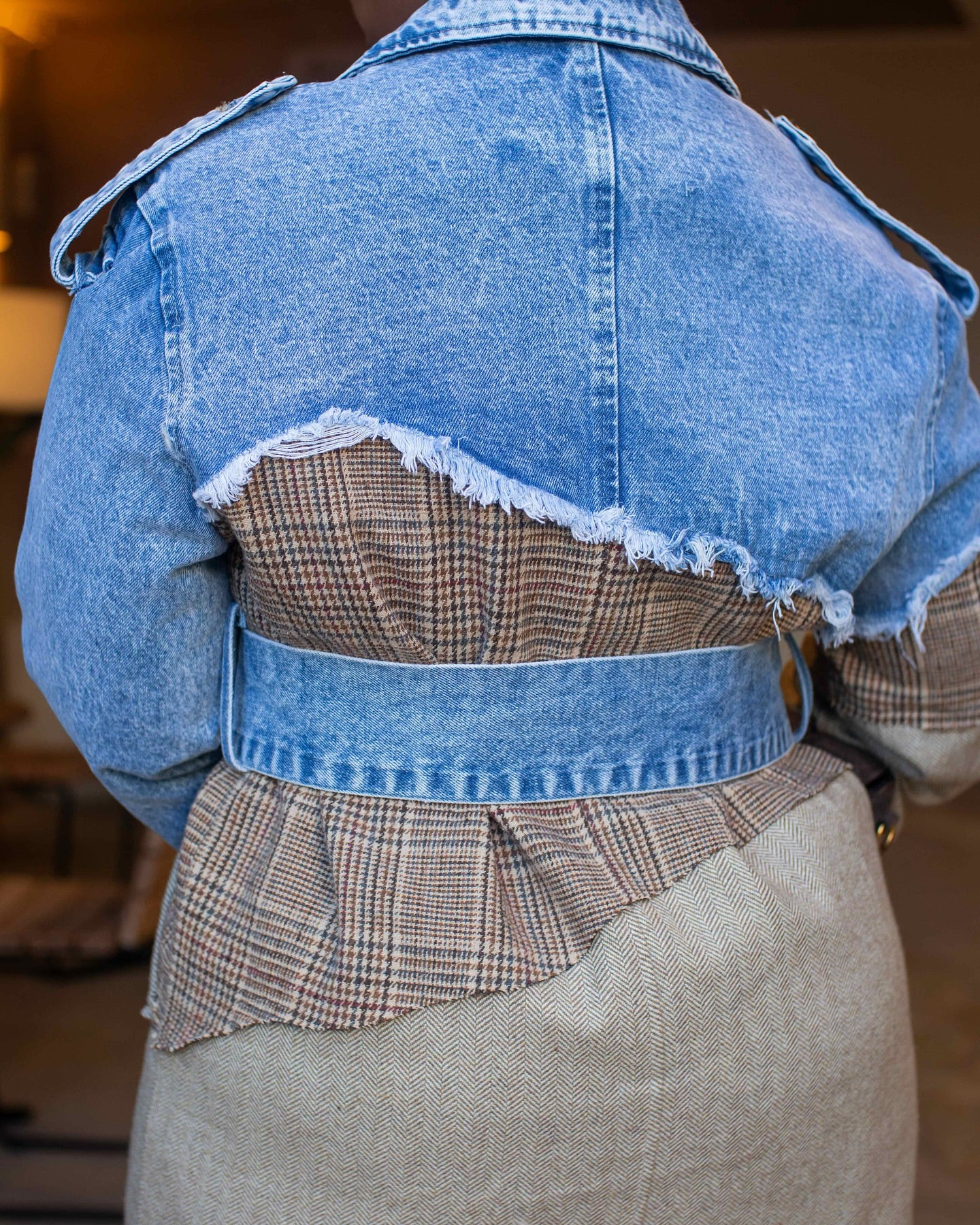 denim patchwork trench coat