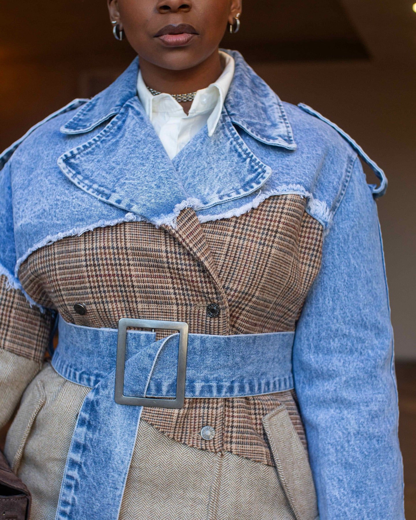 denim patchwork trench coat