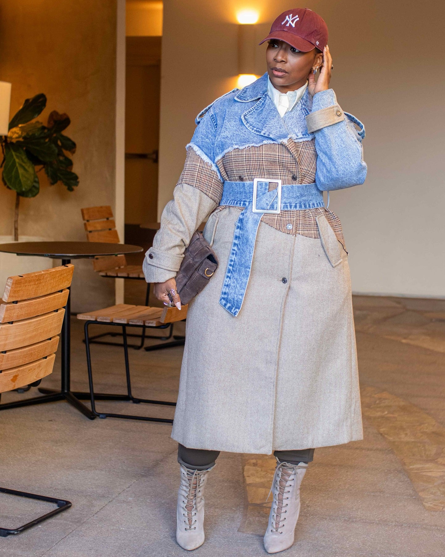 denim patchwork trench coat