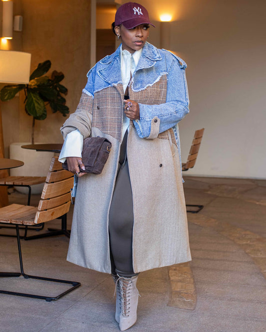 denim patchwork trench coat
